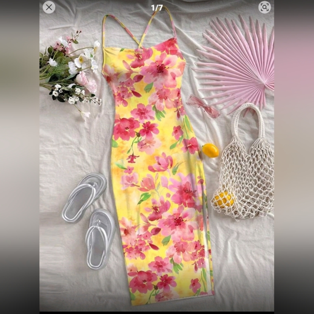 🛍️ BUNDLE ONLY 🛍️NWT SHEIN Boho Yellow Floral Dress - Picture 1 of 6